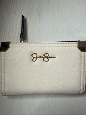Jessica Simpson White/gold Folding Snap Button Faux Leather wallet Multi Pocket